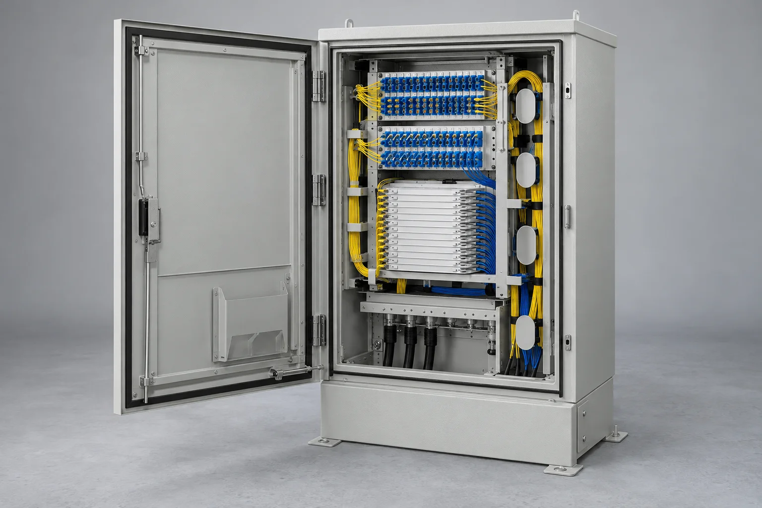 Open outdoor fiber cross-connect cabinet